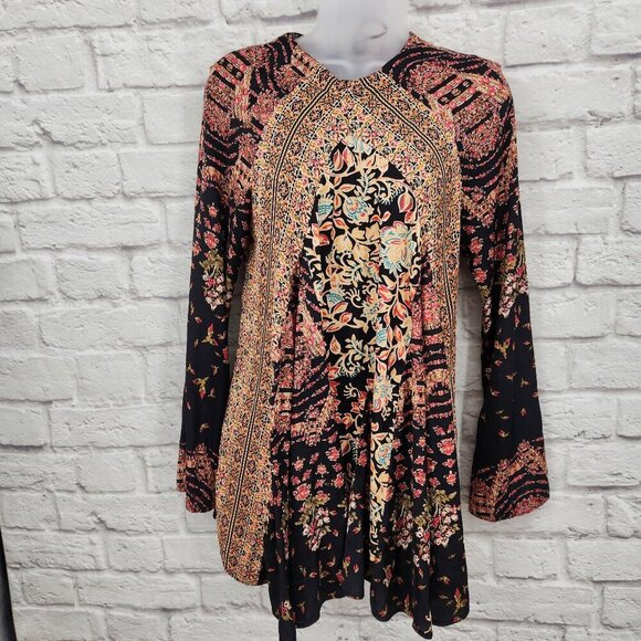 Free People Black Multi Boho Bell Sleeve Stevie Tunic Mini Dress Extra Small - Picture 2 of 16